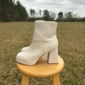 Beige Platform Block Heel Faux Leather Ankle Boots Zipper Round Toe Women